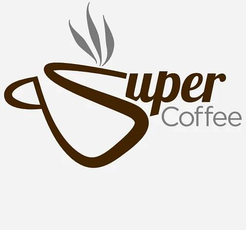 Creative coffee logo featuring a stylized cup with steam rising and the word 'Super' incorporated into the design. Bold typography and a dynamic shape make it a memorable brand identifier.