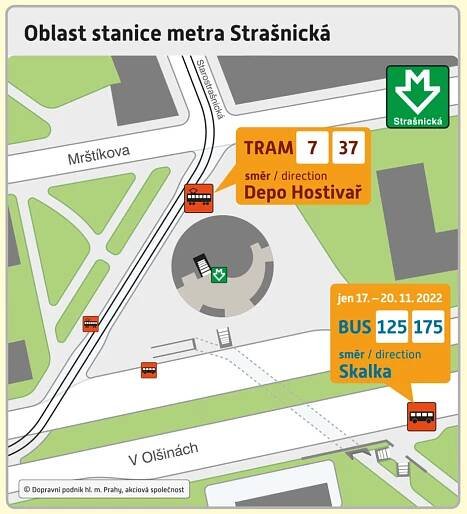 Okolí stanice Strašnická při výluce metra.