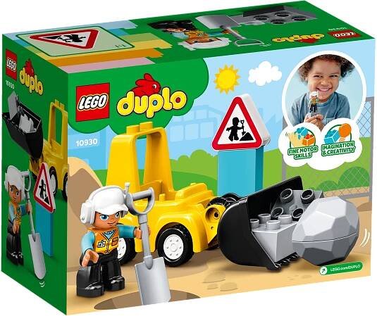 LEGO Duplo sada se žlutým buldozerem, kamenem a dvěma figurkami.