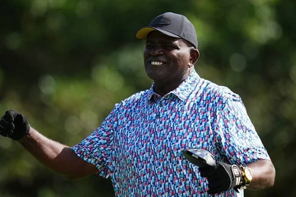 Lawrence Taylor reacts on the 9th tee during the first round of the James Hardie Pro-Football Hall of Fame Invitational 2025 at The Old Course at Broken Sound on April 04, 2025 in Boca Raton, Florida. 