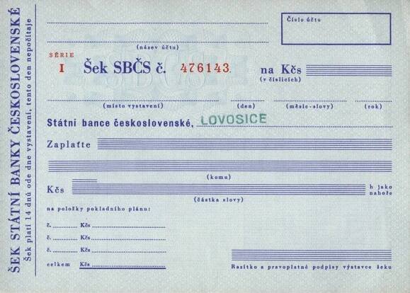 Soukromý šek Státní banka československá SBČS, série I, 1970-1979