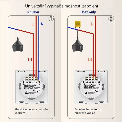 WiFi+RF vypínač bílý 1CH s nulou i bez nuly - Tuya | Chytre vypinace