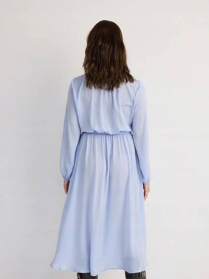 MODRÁ ŠATY MIDI HLADKÁ KLASICKÁ S DLOUHÝM RUKÁVEM PÁSEK ZAVAZOVÁNÍ XL Hlavní materiál polyester