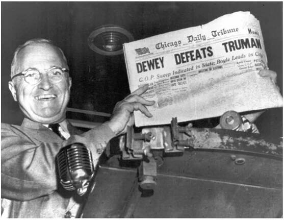 Figure I: Harry S. Truman holding the issue of the Chicago Daily Tribune at St. Louis, Missouri on 3 November 1948. 