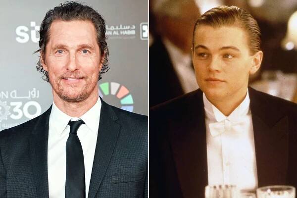 Matthew McConaughey at the 'Life Is A Dream' in Riyadh, Saudi Arabia, on Jan. 17, 2025; Leonardo DiCaprio in 'Titanic'