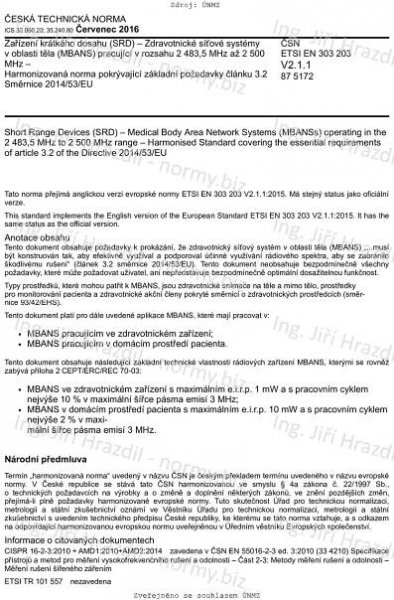 ČSN ETSI EN 303 203 V2.1.1 (875172) - Zařízení krátkého dosahu (SRD) - Zdravotnické síťové systémy v oblasti těla (MBANS