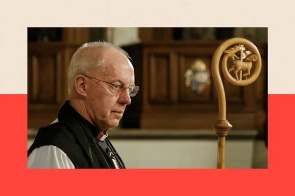 Justin Welby prepares to lay down his pastoral staff on the altar at the chapel in Lambeth Palace