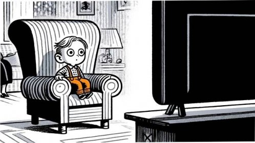 Kreslený vtip o Pepíčkovi: Chce se dívat na televizi, ale má to háček.