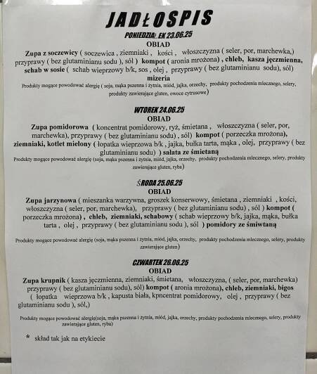 Menu stołówki