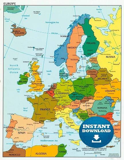 Digital Political Colorful Map of Europe, Printable Download, Mapping ...
