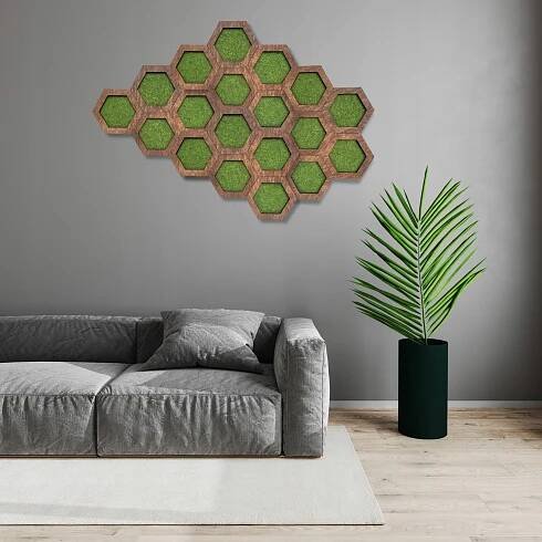 AKUSTICKÝ PANEL NA PLSTI DŘEVĚNÝ HEXAGON 3D zelený melír s lamelami Délka 20.8 cm