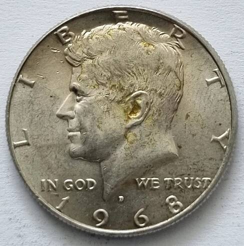 Stříbrny 1/2 dolar 1968 D, Kennedy Half Dollar.