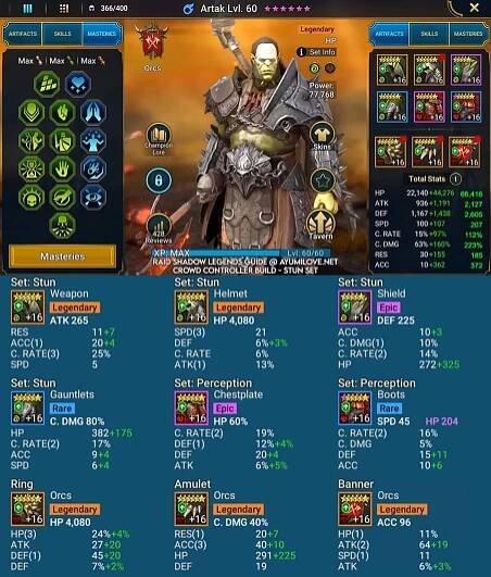 Raid Shadow Legends Artak Artifact and Stats Reference Guide for Crowd Controlling Enemies