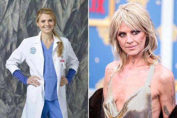 An image collage containing 2 images, Image 1 shows Photo of Eliza Coupe as Denise in Scrubs, wearing a doctor's coat and scrubs, Image 2 shows Eliza Coupe at the premiere of Netflix's 