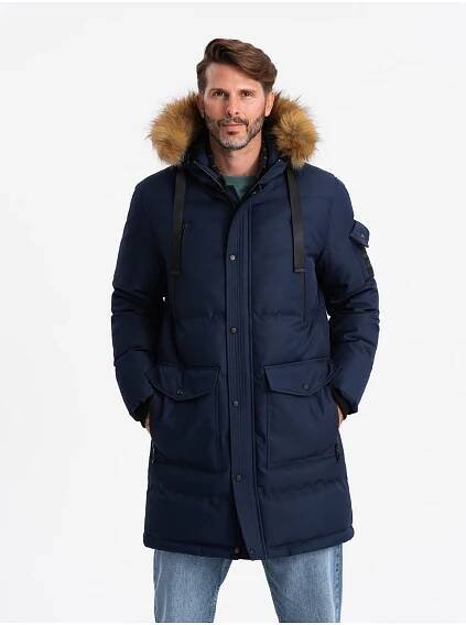 Ombre Clothing Pánská dlouhá teplá bunda parka s kapucí - tmavě modrá V1 OM-JALJ-0182