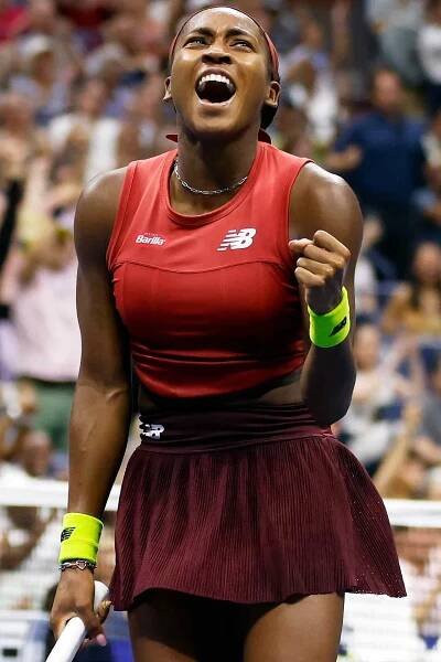 Coco Gauff of the United States reacts after returning a shot against Aryna Sabalenka of Belarus in their Women's Singles Final match on Day Thirteen of the 2023 US Open on September 09, 2023.
