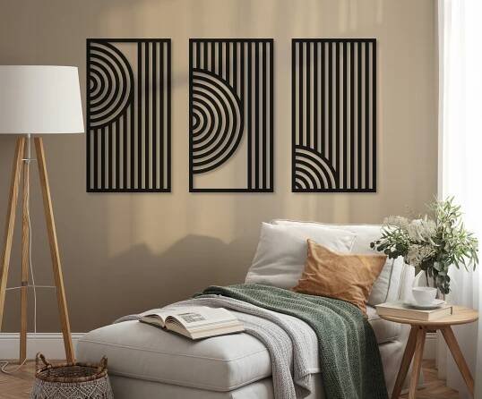 GEOMETRICKÁ NÁSTĚNNÁ DEKORACE 3D Z DŘEVA PANELY OBRAZY DO OBÝVACÍHO POKOJE TRIPTYCH Formát horizontální