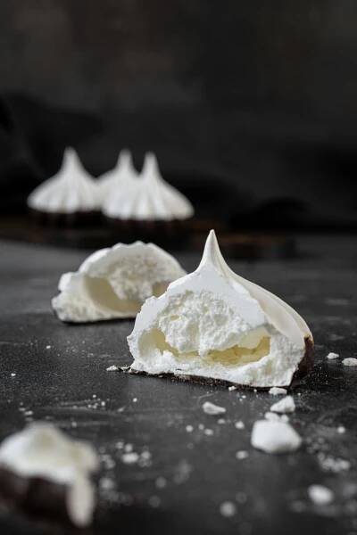 Close up of a soft interior of a Swiss meringue kiss