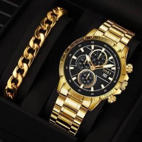 Luxusní Pánské hodinky ve zlaté barvě + náramek  - Šperky a hodinky