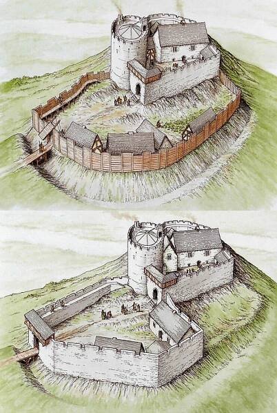 two drawings of an old castle on top of a hill