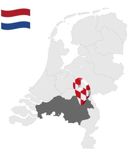 Umístění Severní Brabant na mapě Nizozemsko. 3D značka lokality podobná vlajce Severní Brabant. Mapa kvality s provinciemi Nizozemsko pro váš design. EPS10. — Ilustrace