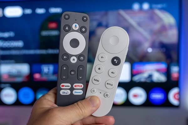 The Onn 4K Pro remote control and the Chromecast with Google TV remote control.