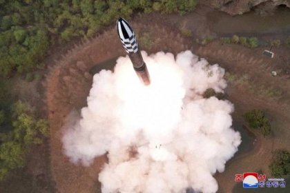  A view of a test launch of a new solid-fuel intercontinental ballistic missile (ICBM) Hwasong-18 at an undisclosed location in this still image of a photo used in a video released by North Korea's Korean Central News Agency (KCNA) April 14, 2023