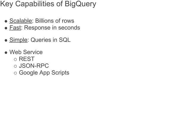 Key Capabilities of BigQuery

  Scalable: Billions of rows
  Fast: Response in seconds

  Simple: Queries in SQL

  Web Service
    REST
    JSON-RPC
    Google App Scripts
 