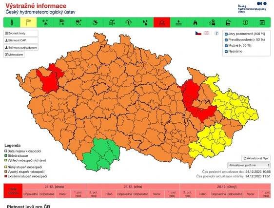 Český hydrometeorologický ústav aktualizoval výstrahu na povodňové jevy. Nejvyšší (extrémní) stupeň nebezpečí aktuálně platí pro ORP Karlovy Vary a Kadaň, platnost je do 26.12.2023 do 7 hodin