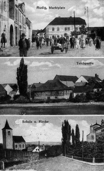 Vroutek, náměstí, partie u rybníka, kostel sv. Jakuba Většího (vlevo) a škola (vpravo) a za ní v zákrytu kostel sv. Jana Křtitele; před rokem 1921 (sbírka Jiřího Fiedlera).