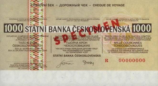 Státní banka československá (SBČS), cestovní šek, traveller's check, traveller's cheque, cheque de voyage, Reisescheck.