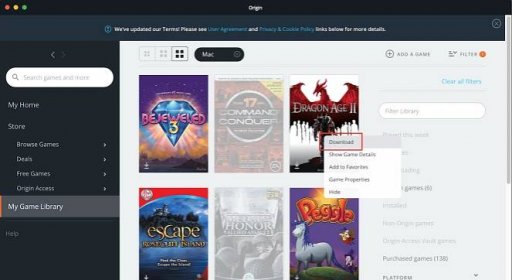 Herní knihovna My Game Library zobrazuje náhledy různých titulů. Červený obdélník zvýrazňující slovo Download (Stáhnout) z rozbalovací nabídky kontextové nápovědy vedle hry Dragon Age 2.