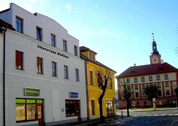 a group of buildings on a street with a tower at Ubytování Sušice in Sušice