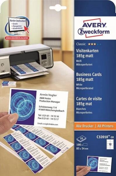 Avery Zweckform C32010-10 vizitky 185 g/m2 10 listů bílé matné
