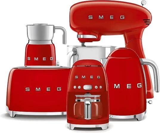 SMEG 50's Retro Style červený, Robot 4,8l s nerez m. + Překapávač + Konvice + Topinkovač + Šlehač