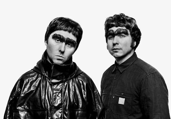 Black and white photo of James Buckley and Joe Thomas for Red Nose Day.