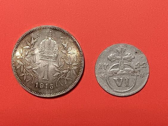 1 KORUNA 1915,František Josef I. + 6 PFENNIG 1742, Karl I., Bra.-Wolf.