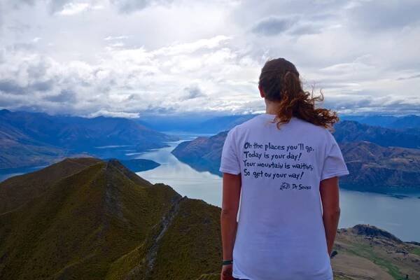 Sarah Salzman '18 on the summit of Roy's Peak in New Zealand while on a winter 2016 anthropology and linguistics foreign study program. The photo was taken by a fellow student, Laura Hayes ’16.