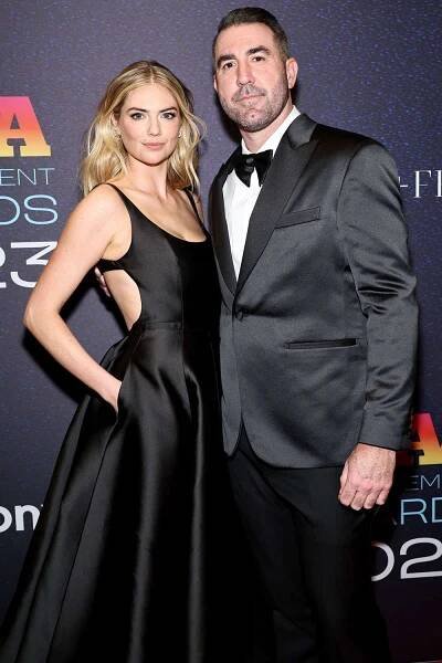 Kate Upton and Justin Verlander attend the 2023 Footwear News Achievement Awards at Cipriani South Street on November 29, 2023 in New York City. 
