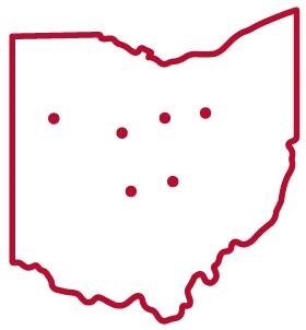 Red outline of the state of Ohio with dots illustrating the locations of The Ohio State University's campuses