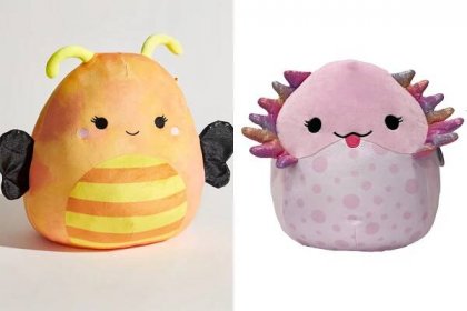 A yellow bee and pink dragon Squishmallow