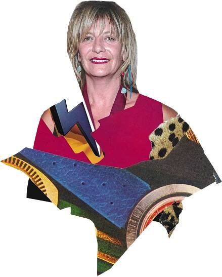 A cutout of a photo of Pebe Sebert with fragments of colorful paper.