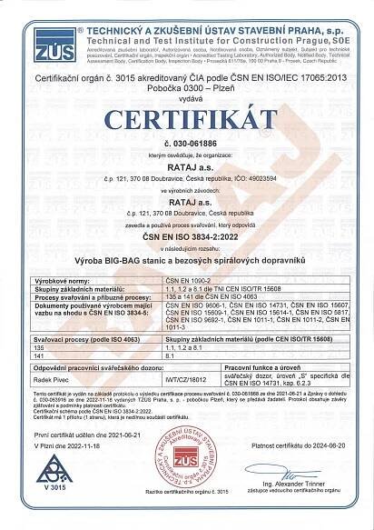 Certifikáty a Atesty | RATAJ a.s.