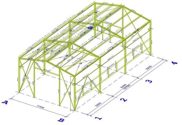 Statický výpočet konstrukce 7,7m x 4,5m x 15,75m - Konstrukce haly