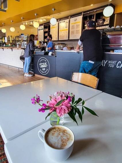 Coffee and flowers on a table