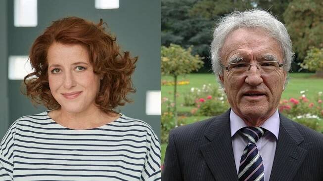 Ein gespaltenes Bild zeigt links Luise Kinseher, eine Frau mit rotem Haar und einem gestreiften Oberteil, und rechts Horst Teltschik einen älteren Mann mit Brille und Anzug.