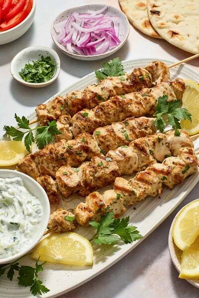 Easy Greek chicken souvlaki on a platter with lemon, oregano and tzatziki.