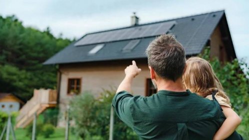 solární panel, střecha, otec a dítě