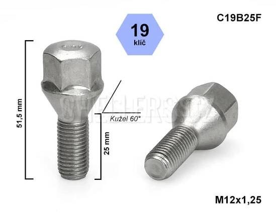 Kolový šroub M12x1,25x25 kužel, klíč 19, C19B25F, výška 51,5mm - SHELLERS