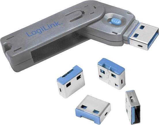 LogiLink zámek portu USB USB PORT LOCK, 1 KEY + 4 LOCKS sada 4 ks stříbrná, modrá vč. 1 klíče AU0043